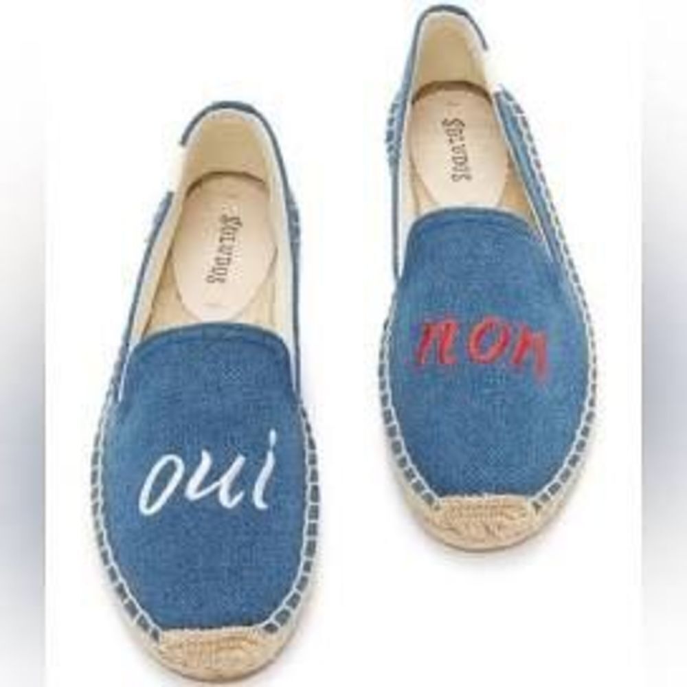 Soludos denim blue embroidered Oui Non raffia slip on shoes